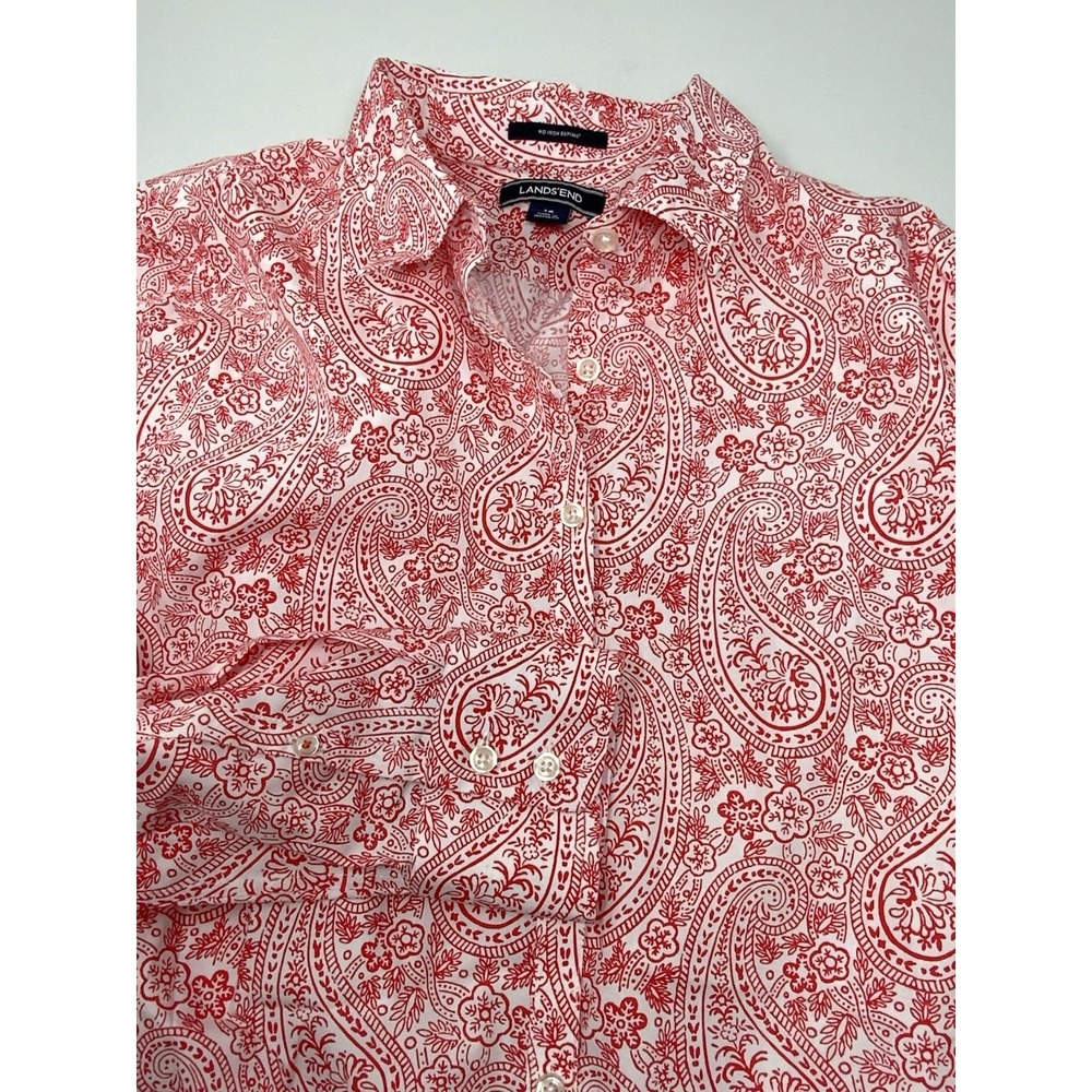 Lands' End Supima No Iron Cotton Paisley Floral Button Up Shirt Red White Sz 16 - Picture 8 of 14